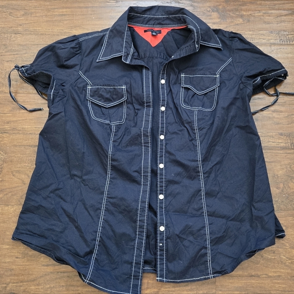 TOMMY HILFIGER Sz 14 collared top  Cap Sleeve Buttons Cotton Spandex Blue Pocket